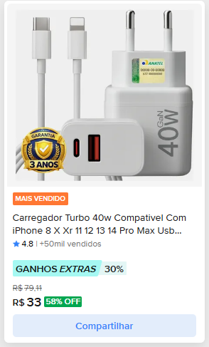 Carregador Turbo 40W Compatível com iPhone 8 X Xr 11 12 13 14 Pro Max