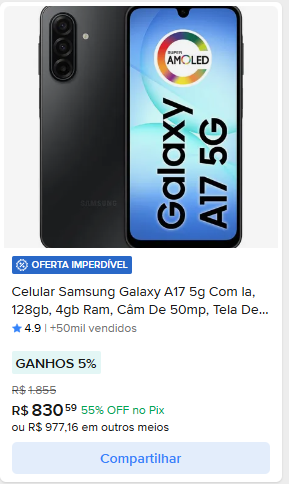 Celular Samsung Galaxy A17 5G 128GB 4GB RAM Câm 50MP