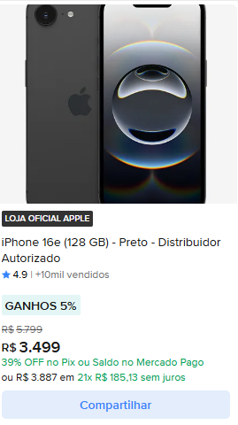 iPhone 16e (128 GB) Preto — Distribuidor Autorizado