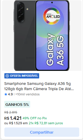Smartphone Samsung Galaxy A36 5G 128GB 6GB RAM Câmera Tripla