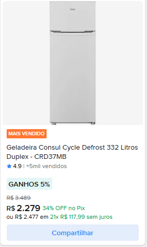 Geladeira Consul Cycle Defrost 332 Litros Duplex CRD37MB