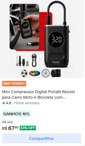 Mini Compressor Digital Portátil Rezzet para Carro Moto e Bicicleta